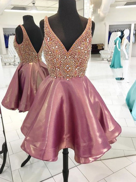 2024 A-Line V Neck Sleeveless V Back Beading Layers Cut Mikayla Homecoming Dresses Short/Mini