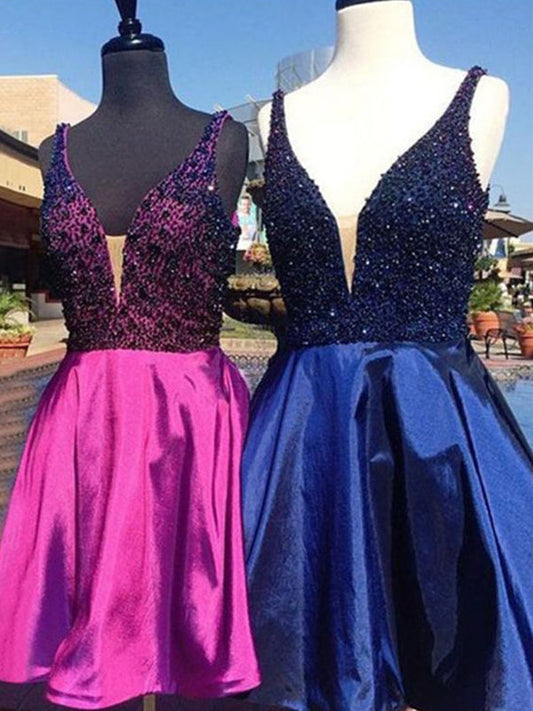 Homecoming Dresses Felicity Satin 2024 A-Line V Neck Sleeveless Beading Cut Short/Mini