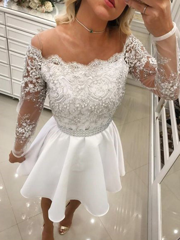 2024 A-Line Off-The-Shoulder Long Sleeve Applique Homecoming Dresses Lana Beading Cut Short/Mini