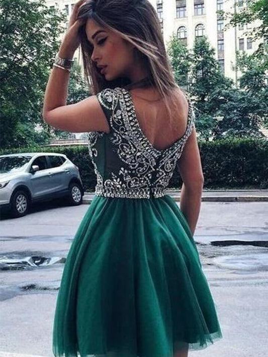 2024 Ball Gown Scoop Neck Sleeveless Beading Fatima Homecoming Dresses Tulle Cut Short/Mini