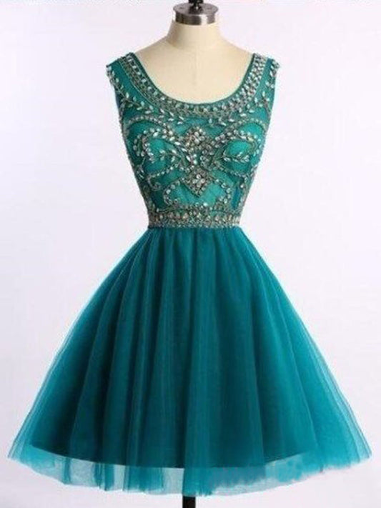 2024 Ball Gown Scoop Neck Sleeveless Beading Fatima Homecoming Dresses Tulle Cut Short/Mini