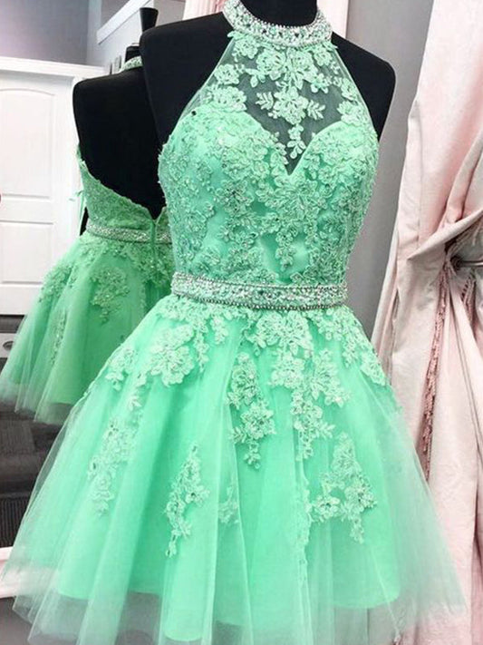 2024 Ball Gown Homecoming Dresses Joslyn Halter Sleeveless Applique Beaded Tulle Cut Short/Mini