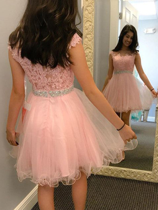 2024 Homecoming Dresses Alula A-Line Scoop Neck Cap Sleeve Applique Beading Organza Cut Short/Mini