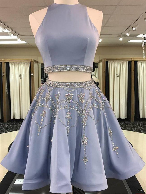 2024 A-Line Jewel Neck Sleeveless Yasmin Homecoming Dresses Cut Out Back Beading Two Piece Cut Short/Mini