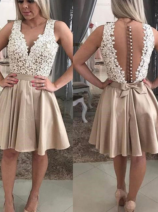 2024 A-Line V Neck Sleeveless Applique Botton Bowknot Cut Homecoming Dresses Lucile Short/Mini