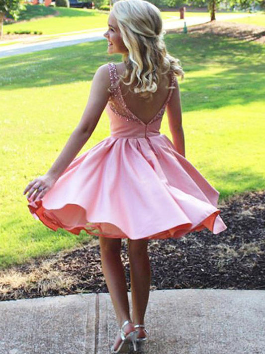 2024 A-Line Scoop Neck Sleeveless Pleated Satin Morgan Homecoming Dresses Beading Short/Mini