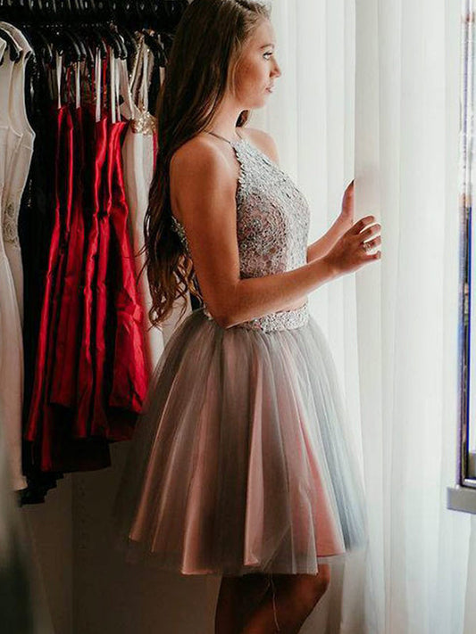 2024 Ball Gown Two Piece Halter Sleeveless Homecoming Dresses Joy Applique Tulle Knee-Length