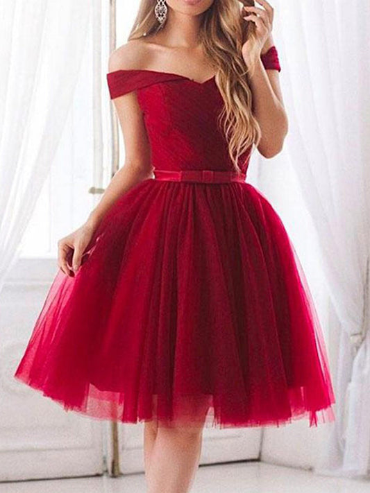 2024 Ball Gown Off-The-Shoulder Ruching Bowknot Tulle Homecoming Dresses Aria Knee-Length