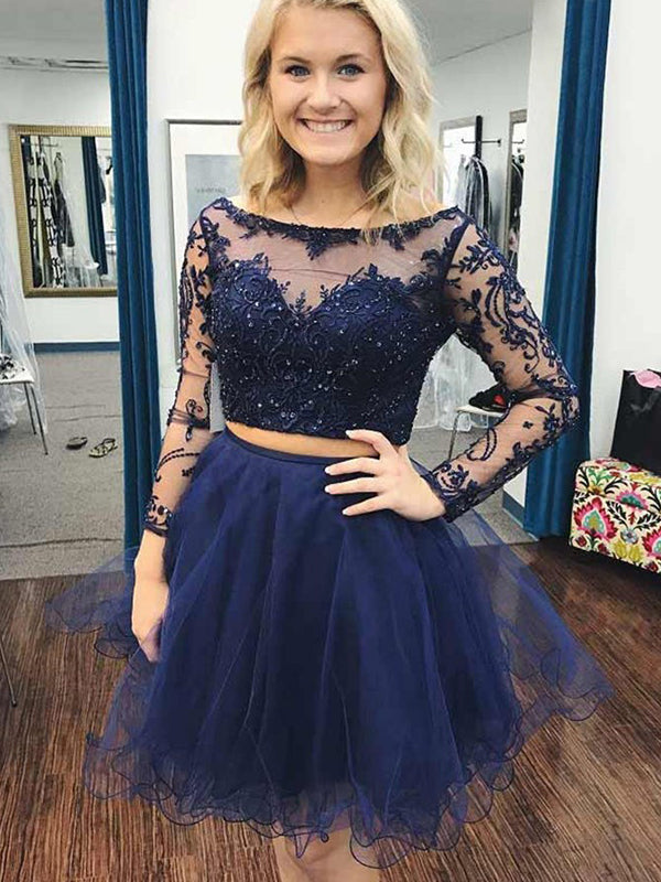 2024 Ball Gown Two Piece Bateau Neck Long Sleeve Applique Beading Organza Cut Natalie Homecoming Dresses Short/Mini