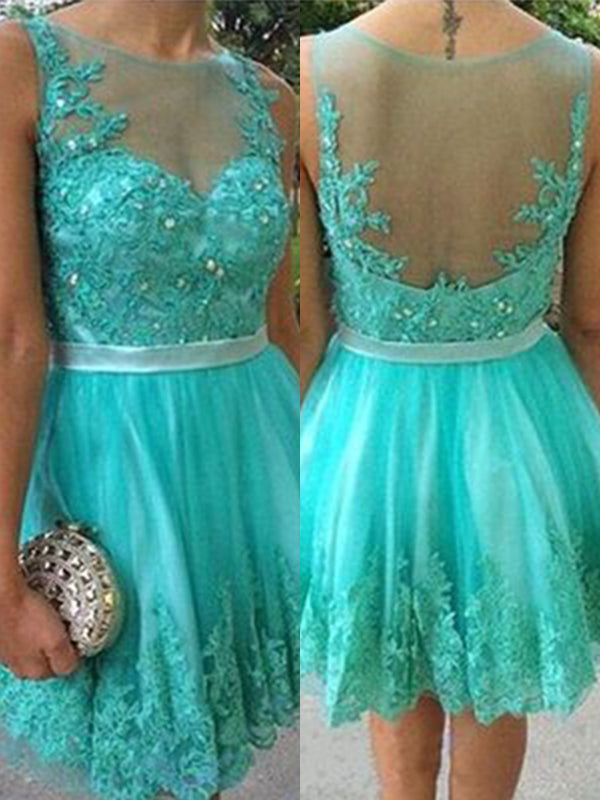 2024 A-Line Homecoming Dresses Olympia Scoop Neck Sleeveless Applique Beading Tulle Cut Short/Mini