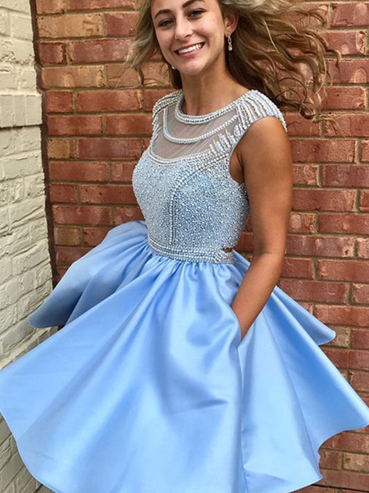 Maribel Homecoming Dresses Satin 2024 A-Line Scoop Neck Sleeveless Beading Pleated Cut Short/Mini