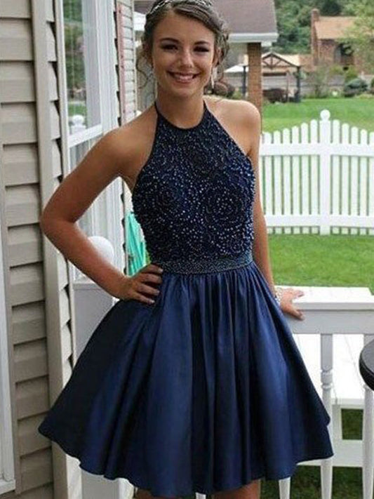 2024 A-Line Halter Beading Satin Homecoming Dresses Maggie Pleated Cut Short/Mini