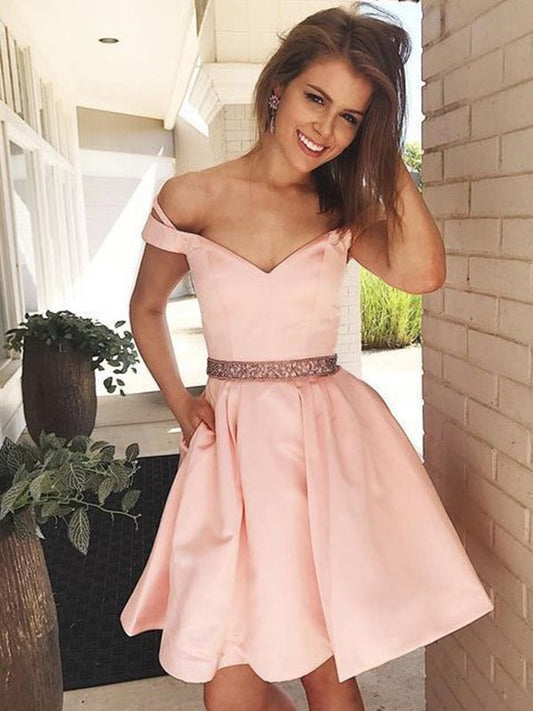 2024 A-Line Sweetheart Homecoming Dresses Kaylie Off-The-Shoulder Beading Pleated Short/Mini