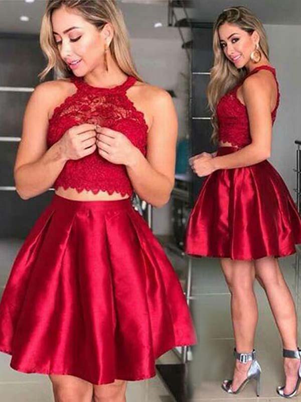 2024 A-Line Lace Satin Camryn Homecoming Dresses Halter Sleeveless Pleated Cut Short/Mini