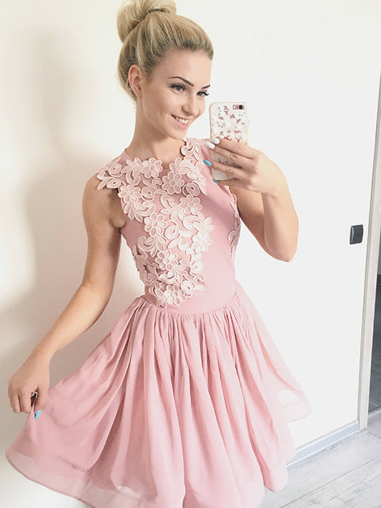 Homecoming Dresses Dayami Chiffon 2024 A-Line Scoop Neck Sleeveless Applique Pleated Cut Short/Mini