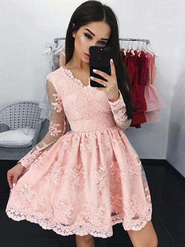 2024 Lace Homecoming Dresses Jane A-Line V Neck Long Sleeve Applique Pleated Cut Short/Mini