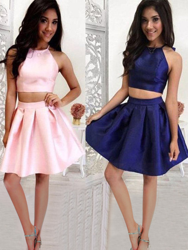 Two Piece Halter Sleeveless Pleated Homecoming Dresses Tatiana Satin Cut Short/Mini