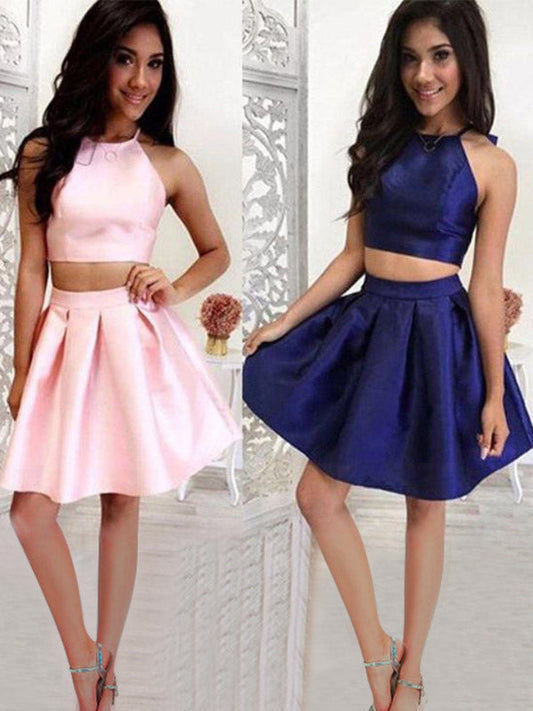 Two Piece Halter Sleeveless Pleated Cut Ginny Satin Homecoming Dresses Short/Mini