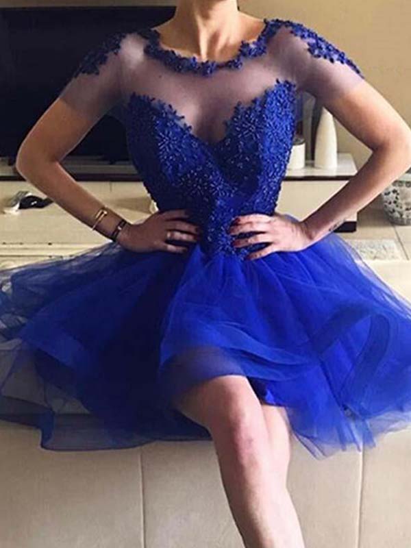 Ball Gown High Low Tiers Applique Beading Scoop Royal Blue Homecoming Dresses Kianna Neck Organza