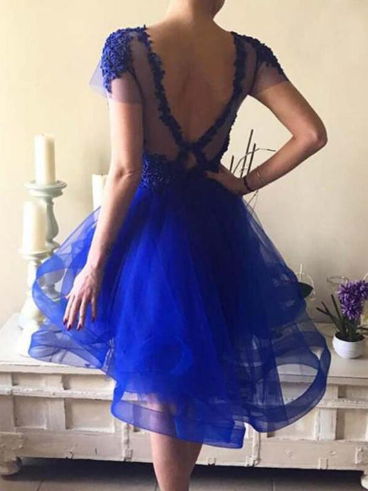 Ball Gown High Low Tiers Applique Beading Scoop Royal Blue Homecoming Dresses Kianna Neck Organza