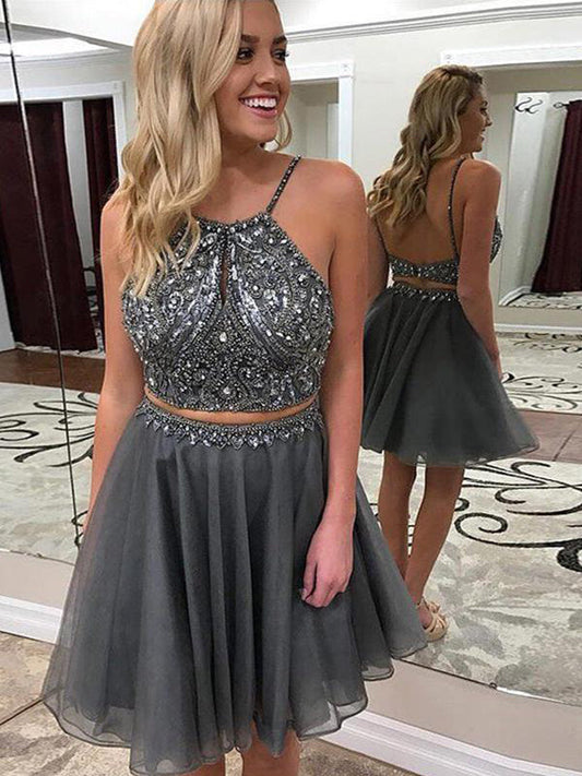 High Quality Light-Slate-Gray Halter Sleeveless Homecoming Dresses Lorelei Chiffon Beading Backless Cut Short Mini