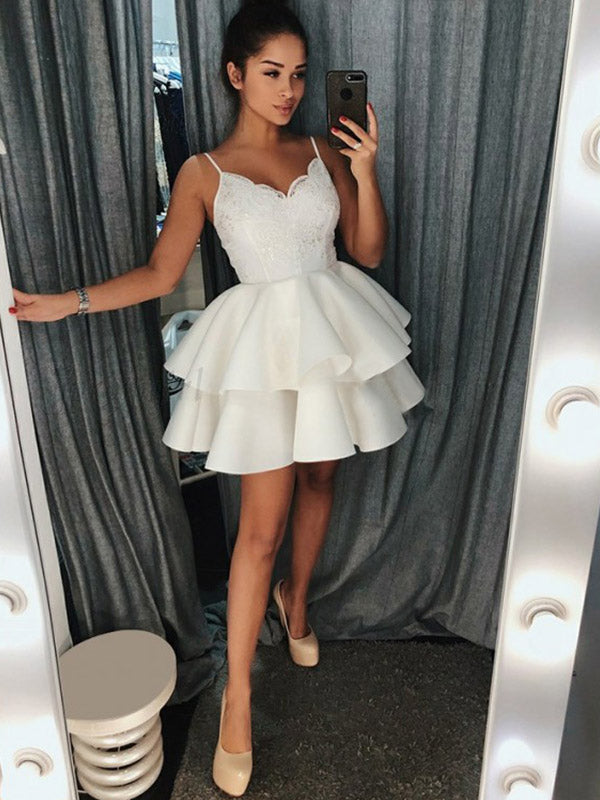 White Ball Lace Homecoming Dresses Aria Gown Layers V Neck Sleeveless Straps Cut Shorts Mini