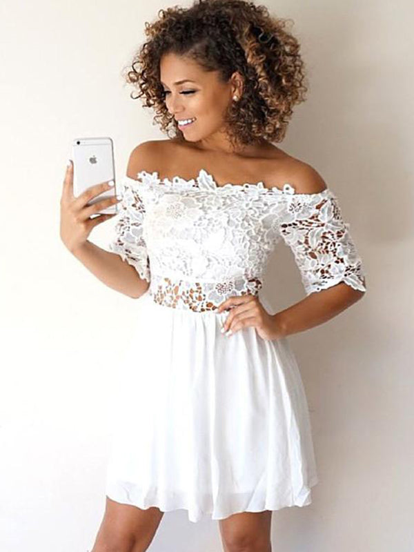 White Off-The-Shoulder Lace Abbigail Homecoming Dresses Half Sleeve Cut Shorts Mini