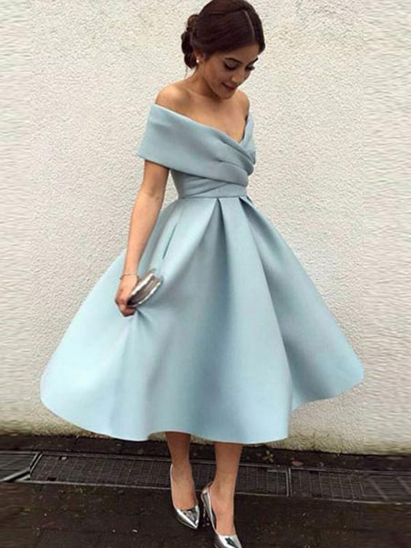 Satin Homecoming Dresses Aubrie Elegant Tea-Length Off-The-Shoulder Pleated Ball Gown