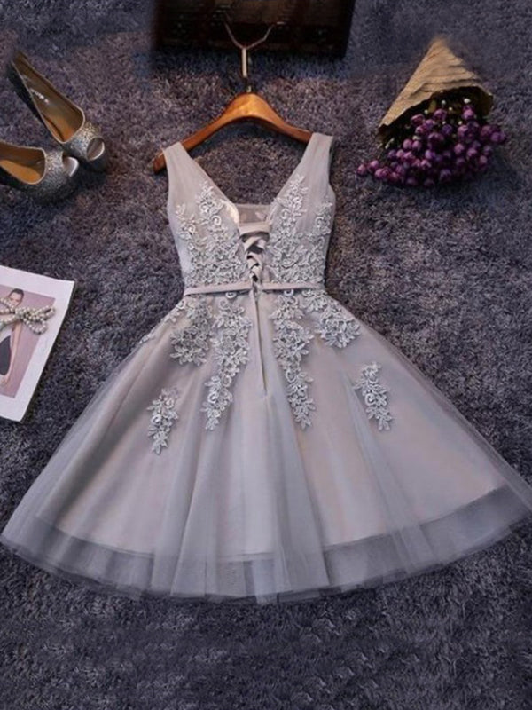 Tulle Sash/Ribbon/Belt Applique Beading V Neck Up Homecoming Dresses Micah Lace Sleeveless