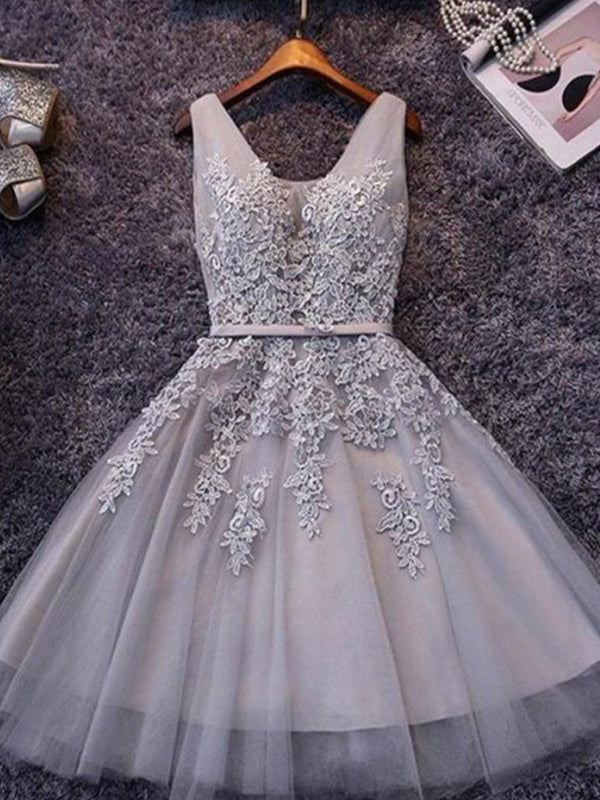 Tulle Sash/Ribbon/Belt Applique Beading V Neck Up Homecoming Dresses Micah Lace Sleeveless