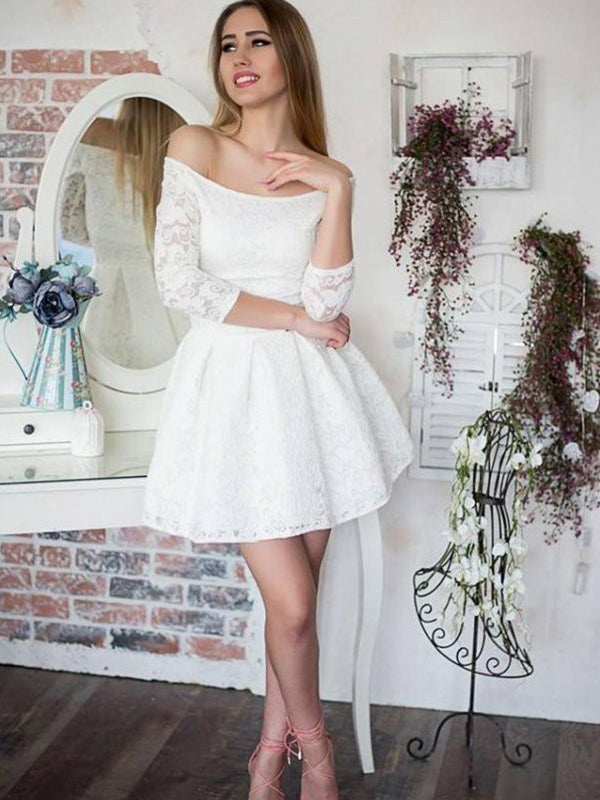 Ball Gown White 3/4 Sleeve Off-The-Shoulder Cut Homecoming Dresses Lace Marlee Short/Mini