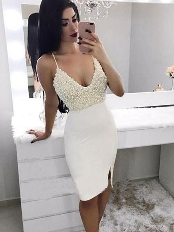 White Sheath/Column Pearls Split-Front Sleeveless V Neck Lisa Homecoming Dresses Spaghetti Straps Knee-Length