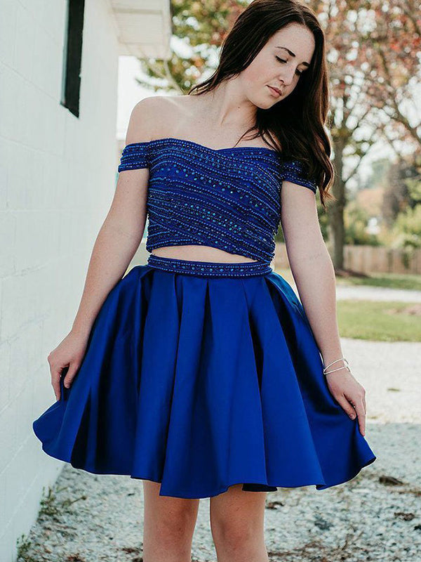 Off-The-Shoulder Andrea Homecoming Dresses Royal Blue Beading Ball Gown Pleated Cut Short Mini