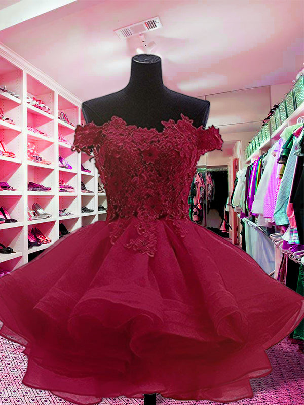 Ball Gown Liz Homecoming Dresses Botton Layer Applique Beading Off-The-Shoulder Cut Short Mini