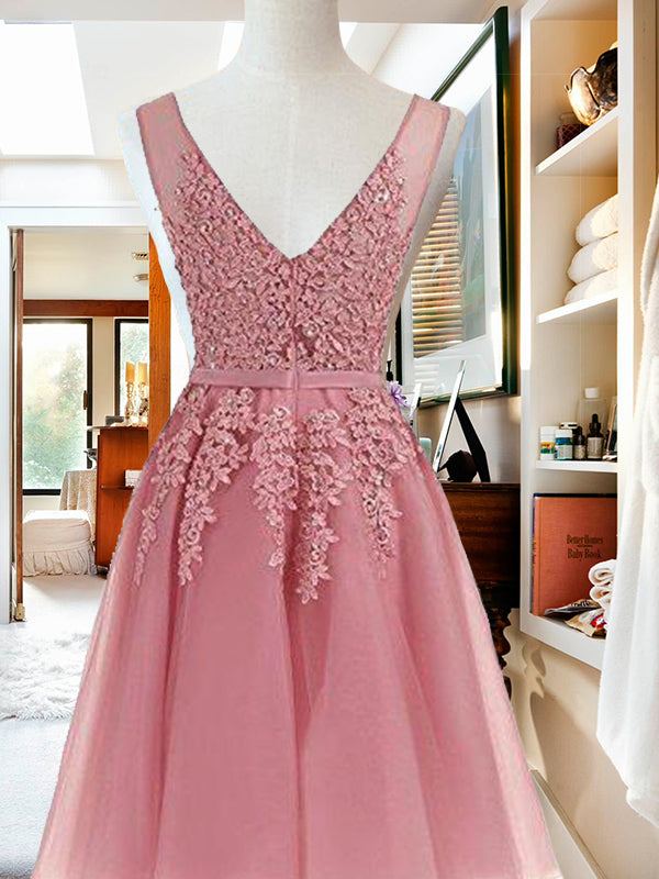 V Neck Callie Homecoming Dresses Sleeveless Applique Tulle Beading