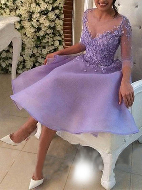 Homecoming Dresses Elva Lilac Botton Applique Beading 3/4 Sleeve