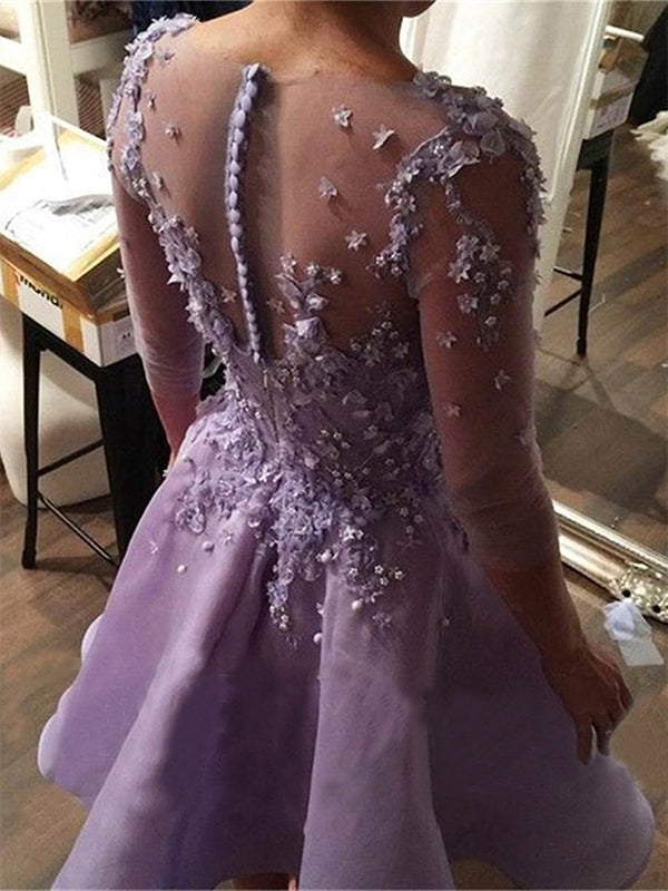 Homecoming Dresses Elva Lilac Botton Applique Beading 3/4 Sleeve