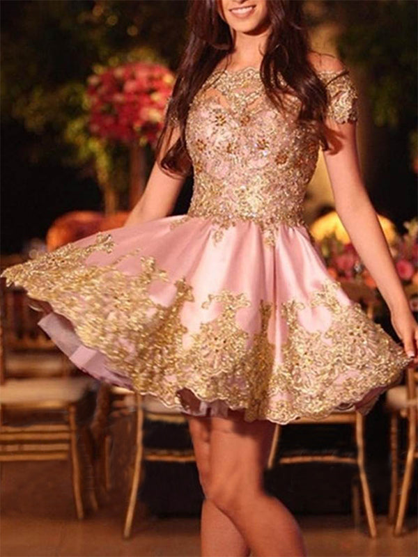 Charming Homecoming Dresses Novia Satin Applique Beading Off-The-Shoulder Cut Short/Mini