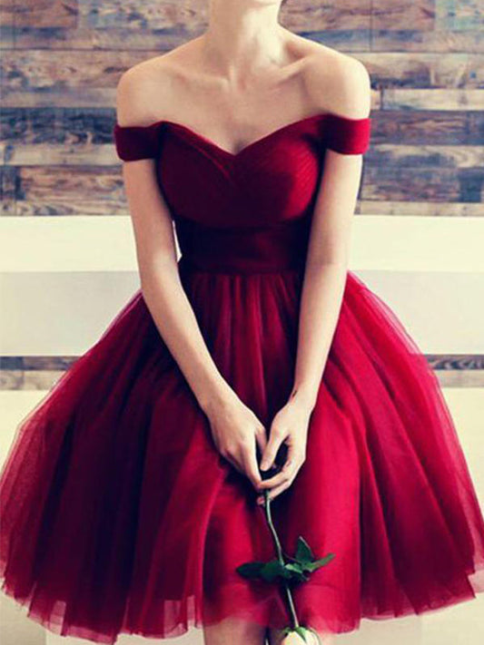 Knee-Length Tulle Callie Homecoming Dresses Off-The-Shoulder Sweetheart Burgundy