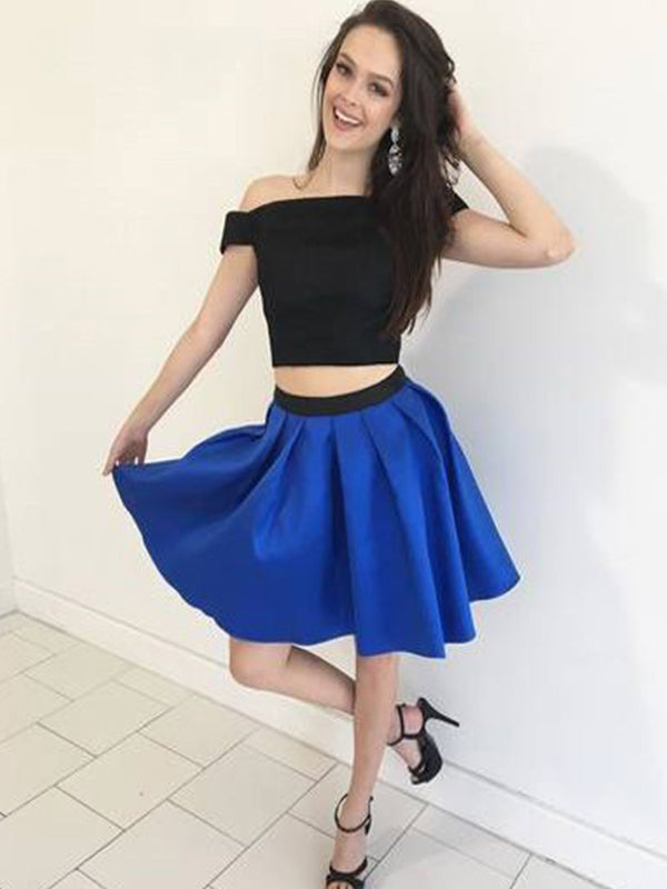 Two Piece Off-The-Shoulder Satin Yasmin Homecoming Dresses Pleated Cut Short Mini