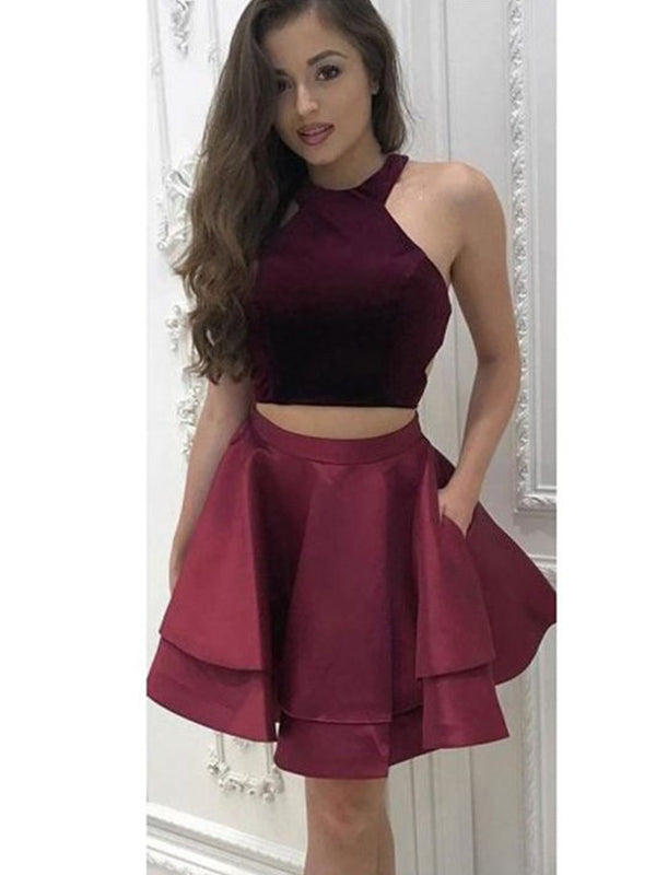 Two Piece Halter Sleeveless Cut Short A-Line Homecoming Dresses Satin Asia Mini