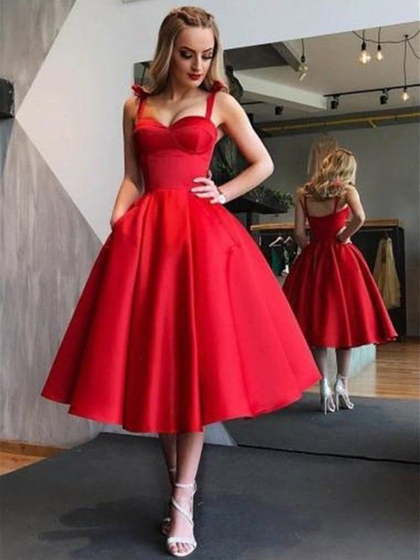 Red Ball Gown Tea-Length Pleated Sweetheart Homecoming Dresses Greta Sleeveless