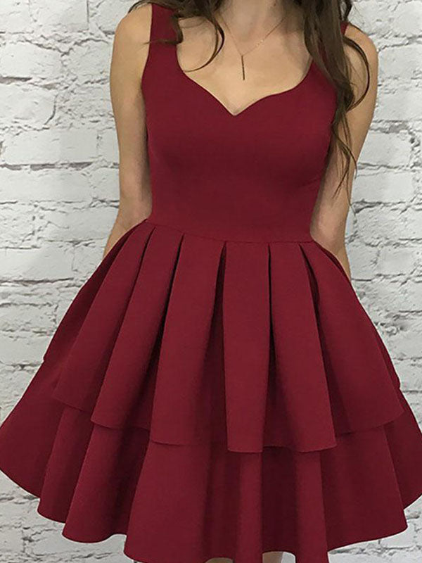 Burgundy V Homecoming Dresses Dalia Neck Sleeveless Pleated Layers Cut Short/Mini