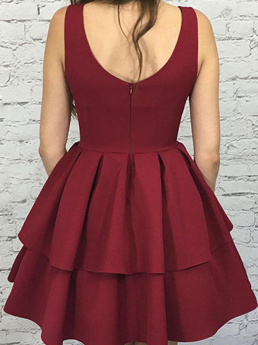 Burgundy V Homecoming Dresses Dalia Neck Sleeveless Pleated Layers Cut Short/Mini