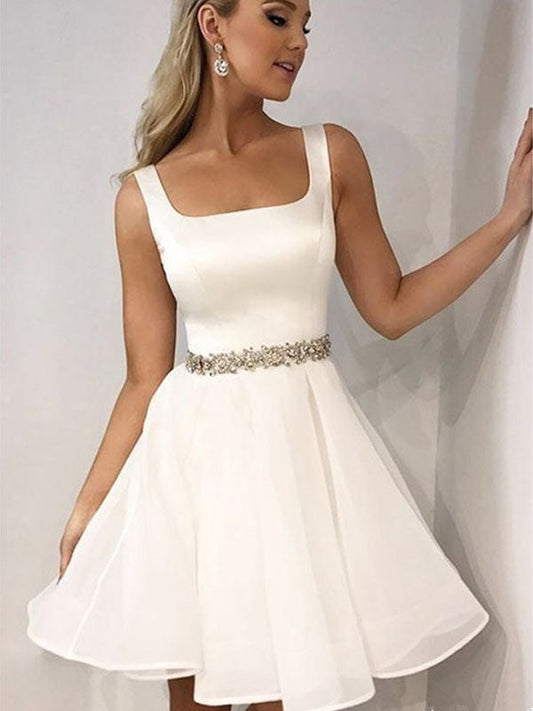 White Beading Square Neck Yvonne Homecoming Dresses Sleeveless A-Line Cut Short/Mini