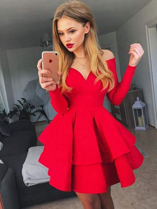 Long Sleeve Melanie Homecoming Dresses Sweetheart Off-The-Shoulder Layers Cut Short Mini