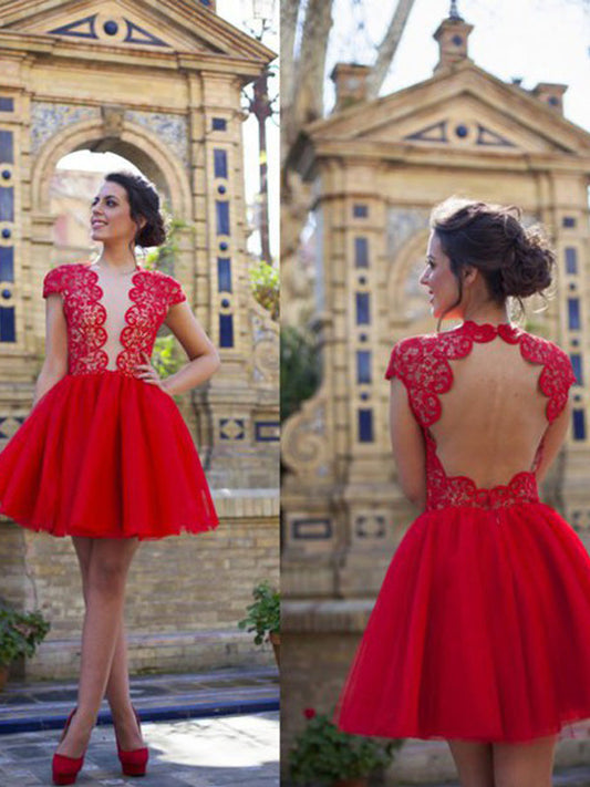 Cap Homecoming Dresses Lace Jode Sleeve Cut Out Back Tulle Ball Gown Cut Short Mini