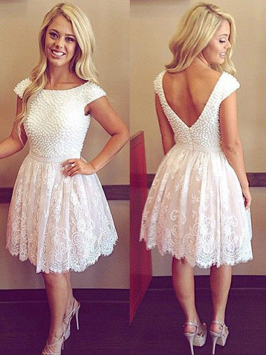 Knee-Length Homecoming Dresses Lace Taliyah Pearls Beading Scoop Neck V Back