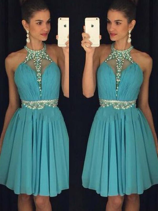 Beading Halter Sleeveless Homecoming Dresses Chiffon Nataly Short Mini