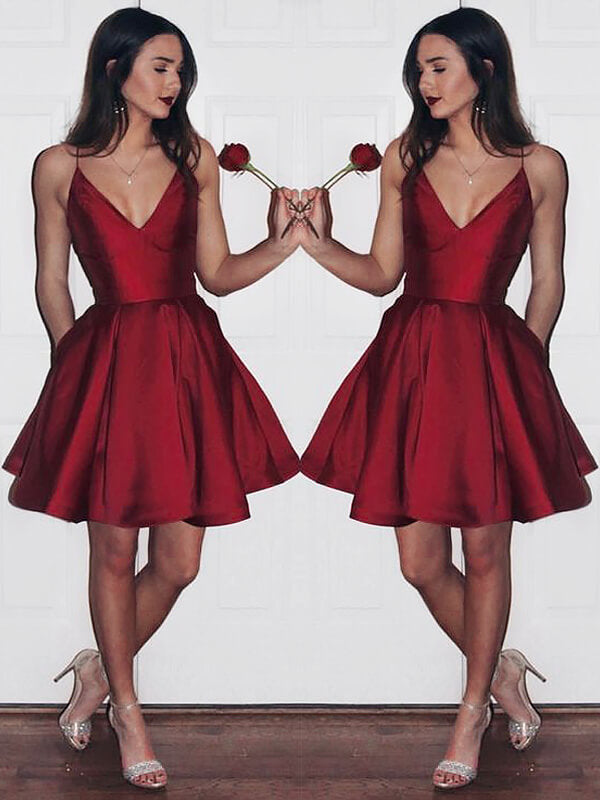 V Neck Sleeveless Spaghetti A-Line Pleated Dylan Homecoming Dresses Satin Cut Short Mini